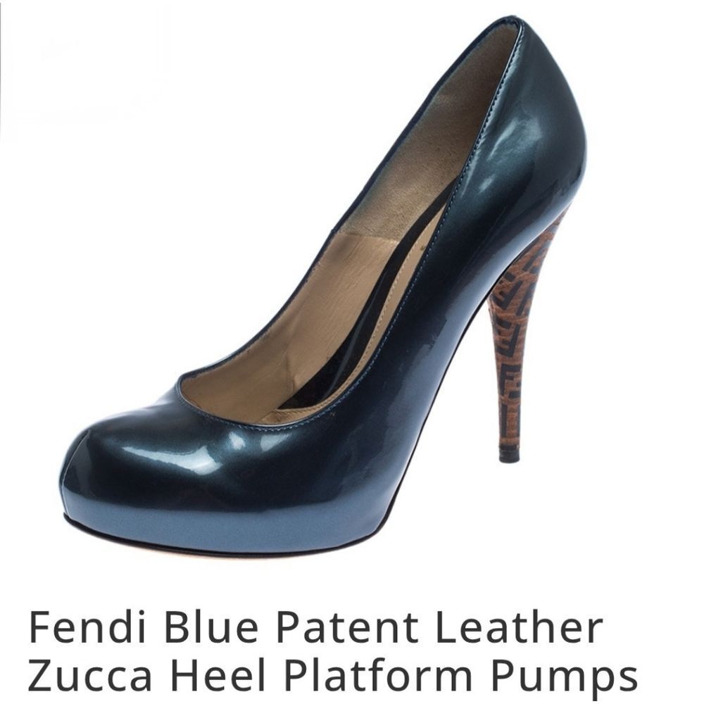 Fendi Blue Patent Leather Zucca Quiet Luxury Corpcore Heels Size 35 Like New
